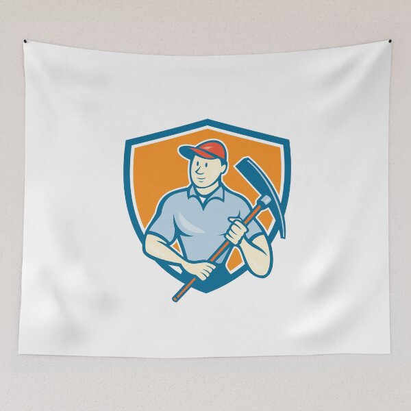 Item preview, Construction Worker Holding Pickaxe Shield Cartoon designed and sold by patrimonio.