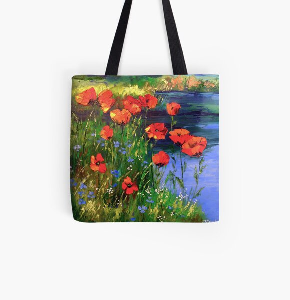 Poppies at the pond All Over Print Tote Bag