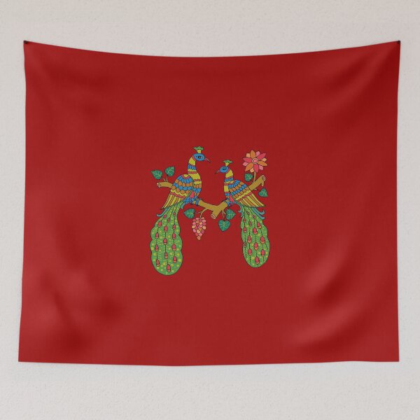 Item preview, peacock in tree kalamkari red designed and sold by sriknick.
