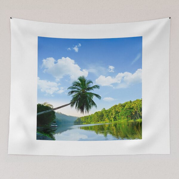 Item preview, picturesque palm tree leans over the tropical river in the early hours designed and sold by Sergieiev.
