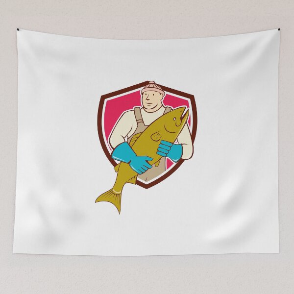 Aperçu de l'œuvre Fishmonger Holding Salmon Fish Shield Cartoon créée et vendue par patrimonio.