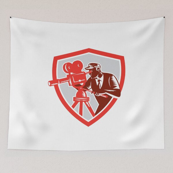 Item preview, Cameraman Vintage Movie Camera Shield Woodcut designed and sold by patrimonio.