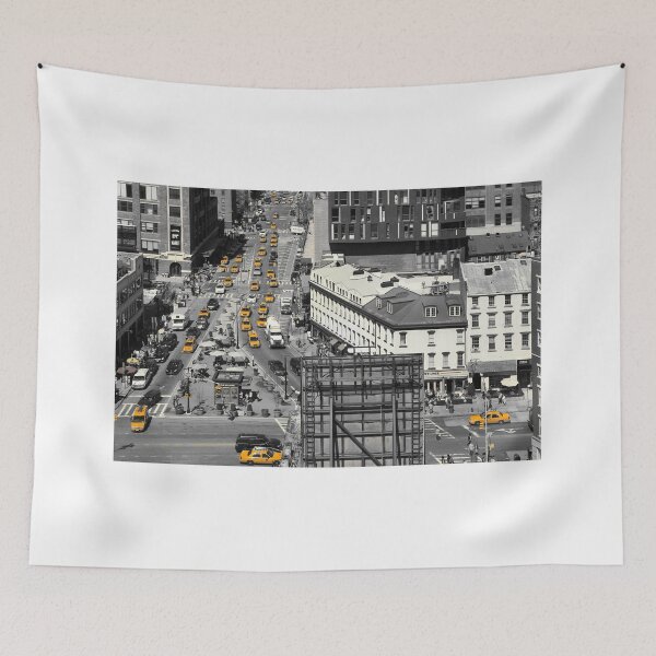 Item preview, Black and white photograph of a busy Manhattan intersection in the Meatpacking District, with highlighted yellow cabs  designed and sold by Reinvention.