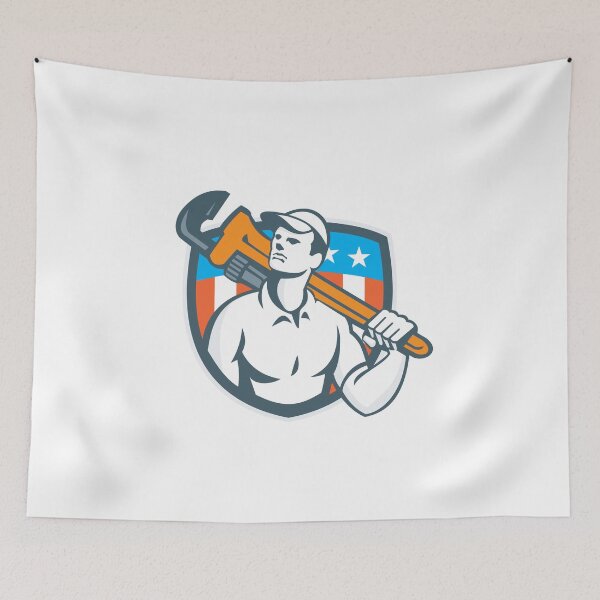 Aperçu de l'œuvre Plumber Holding Wrench USA Flag Retro créée et vendue par patrimonio.