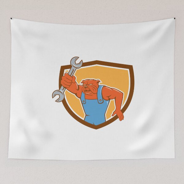 Aperçu de l'œuvre Bulldog Mechanic Holding Spanner Shield Cartoon créée et vendue par patrimonio.