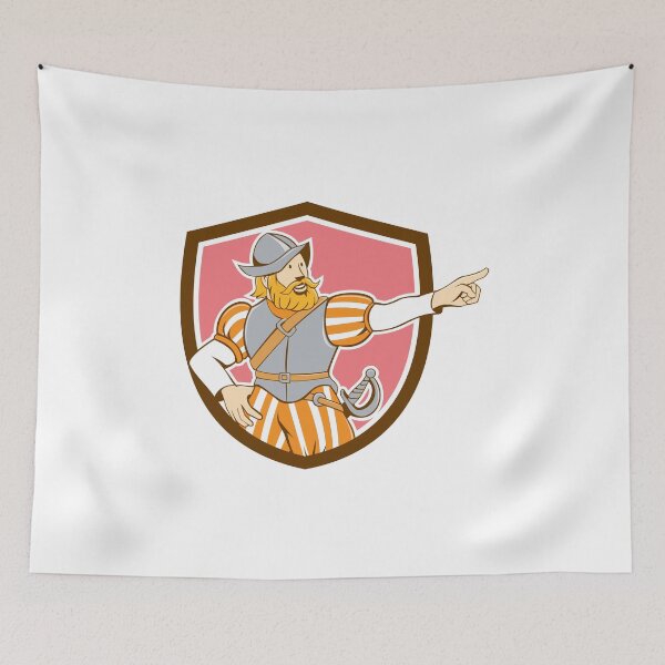 Item preview, Spanish Conquistador Pointing Cartoon Shield designed and sold by patrimonio.