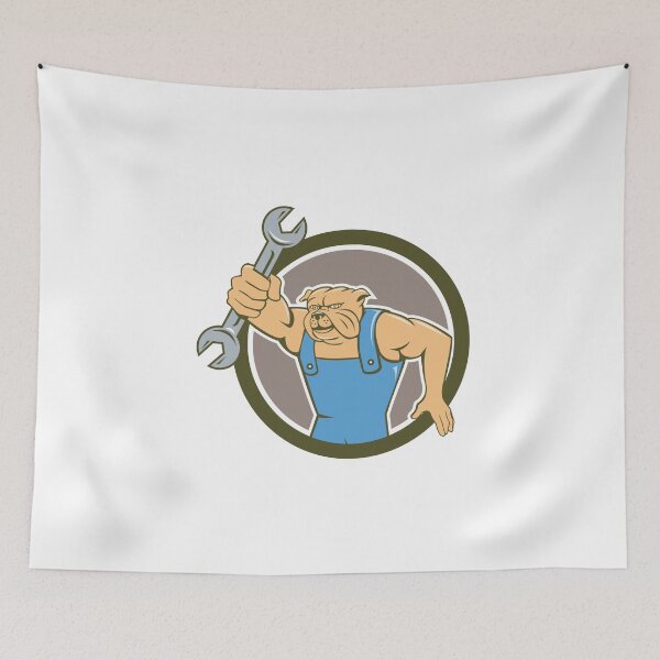 Aperçu de l'œuvre Bulldog Mechanic Holding Spanner Circle Cartoon créée et vendue par patrimonio.