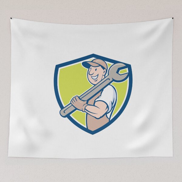 Aperçu de l'œuvre Mechanic Smiling Spanner Standing Crest Cartoon créée et vendue par patrimonio.