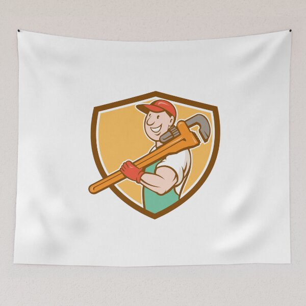 Aperçu de l'œuvre Plumber Smiling Holding Monkey Wrench Crest créée et vendue par patrimonio.