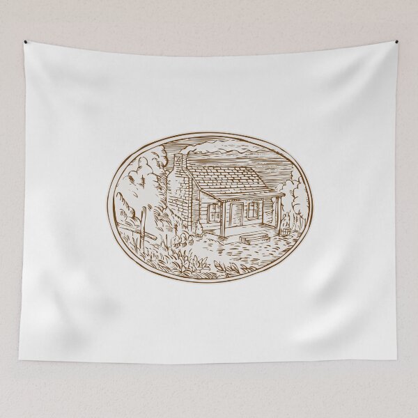 Item preview, Log Cabin Farm House Oval Etching designed and sold by patrimonio.