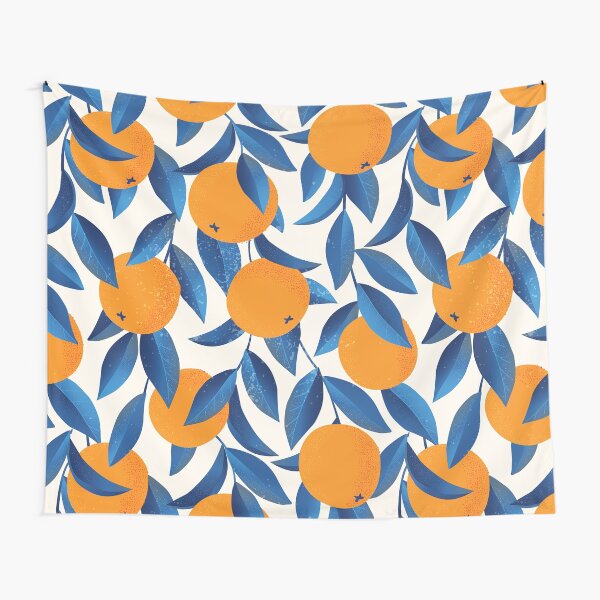 Pattern of oranges and blue leaves Tapestry