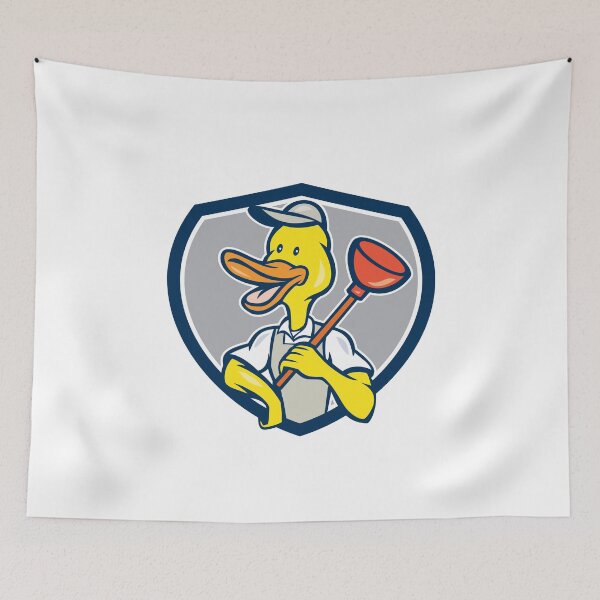 Aperçu de l'œuvre Duck Plumber Holding Plunger Shield Cartoon créée et vendue par patrimonio.