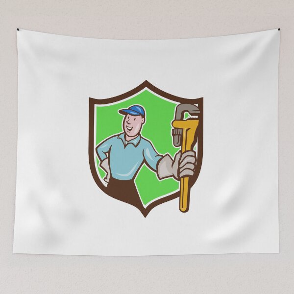 Item preview, Plumber Presenting Monkey Wrench Shield Cartoon designed and sold by patrimonio.