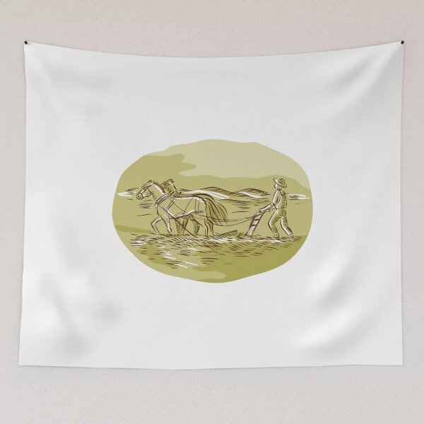 Item preview, Farmer and Horses Plowing Field Oval Etching designed and sold by patrimonio.