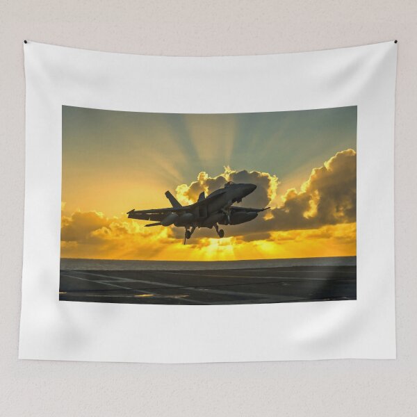 Aperçu de l'œuvre F-18 Landing In The Sunbeams - Peinture numérique créée et vendue par Very Peculiar.