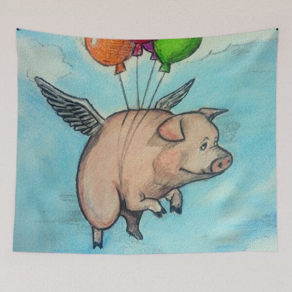 Item preview, Hand drawing depicting a pig with wings and balloons, I say funny drawing designed and sold by Desenatorul1976.