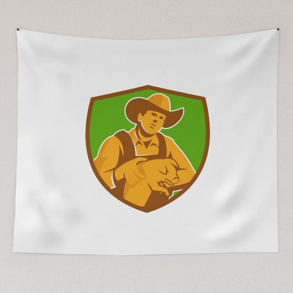 Item preview, Pig Farmer Holding Piglet Front Shield Retro designed and sold by patrimonio.