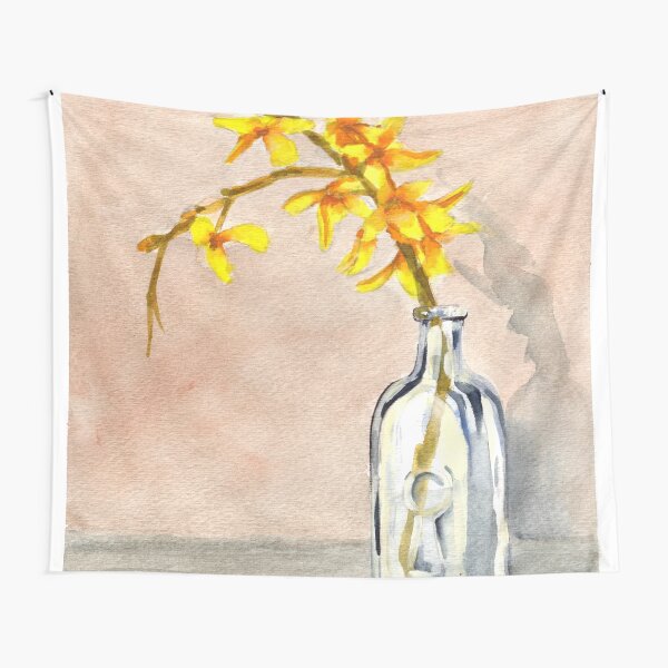 forsythia in antique jar with keyhole stamp, 2 of 2 Tapestry