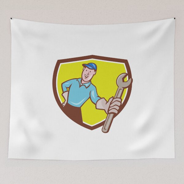 Item preview, Mechanic Presenting Monkey Wrench Shield Cartoon designed and sold by patrimonio.