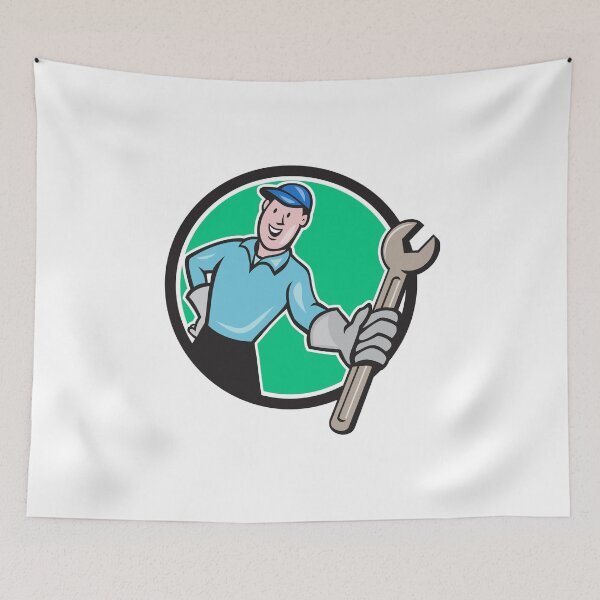 Item preview, Mechanic Presenting Wrench Circle Cartoon designed and sold by patrimonio.