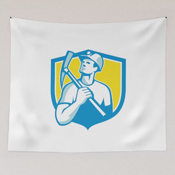 Item preview, Coal Miner Holding Pick Axe Looking Up Shield Retro designed and sold by patrimonio.
