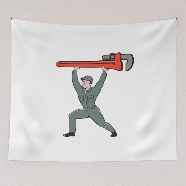 Aperçu de l'œuvre Plumber Lifting Monkey Wrench Cartoon créée et vendue par patrimonio.