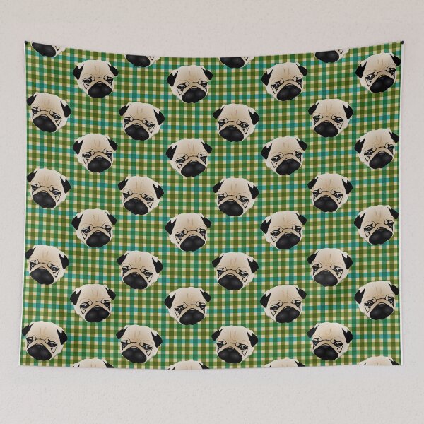 Artikelvorschau, Möpse auf blauem und grünem Plaid entworfen und verkauft von pugmom4.