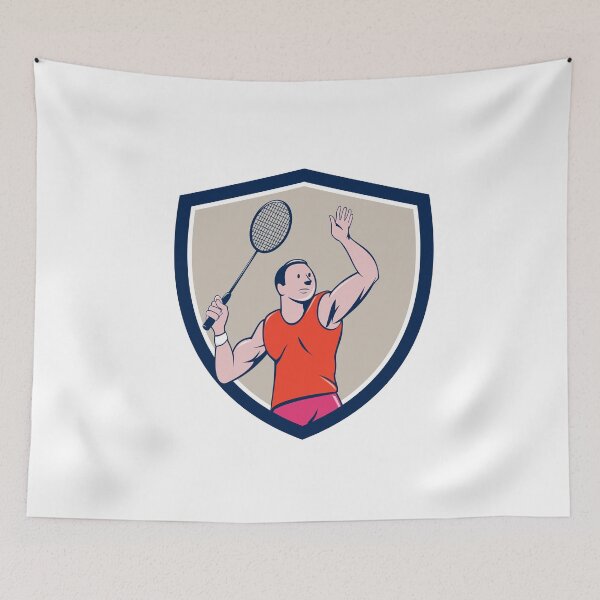 Item preview, Badminton Player Racquet Striking Crest Cartoon designed and sold by patrimonio.