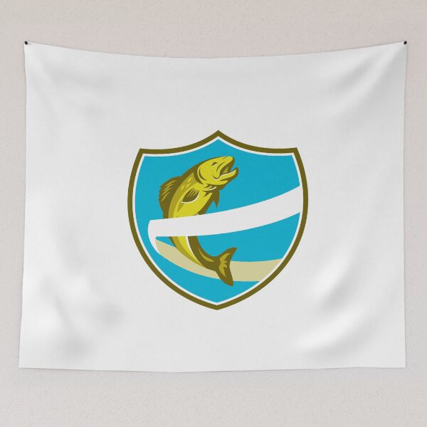 Item preview, Trout Jumping Over Ribbon Shield Retro designed and sold by patrimonio.
