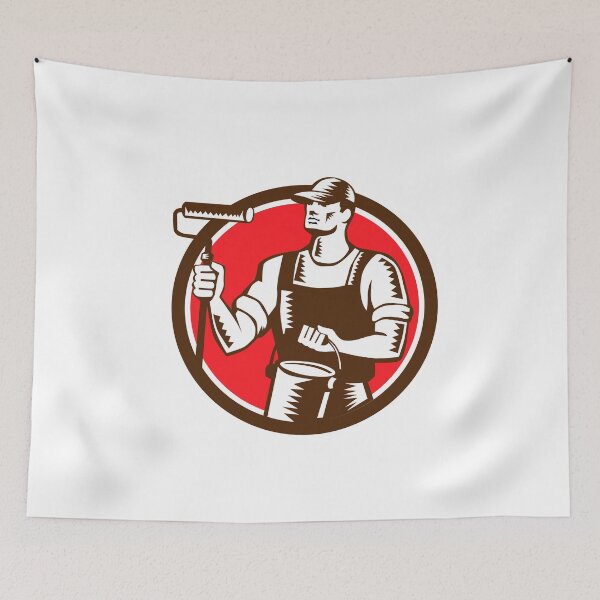 Item preview, House Painter Holding Paint Roller Circle Woodcut designed and sold by patrimonio.