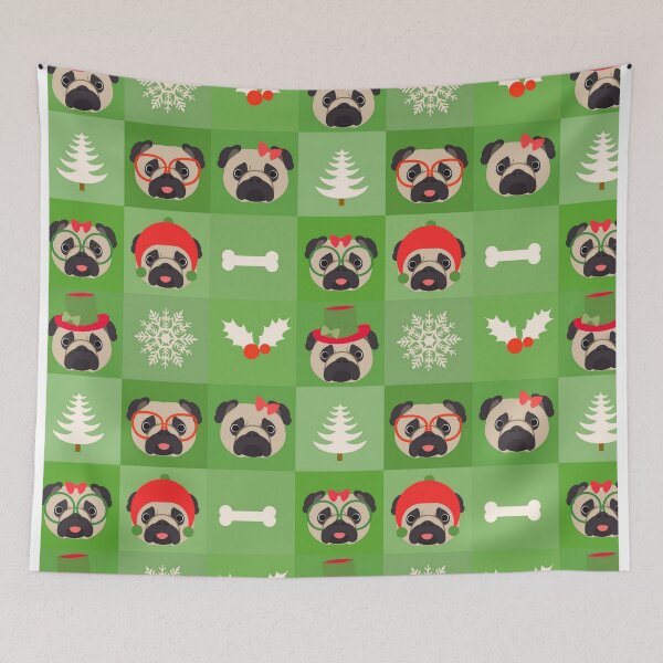 Item preview, Christmas Pugs on Green Background designed and sold by pugmom4.