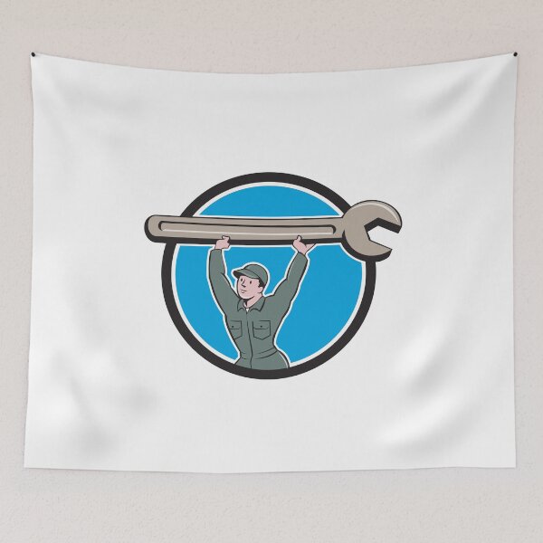 Item preview, Mechanic Lifting Spanner Wrench Circle Cartoon designed and sold by patrimonio.