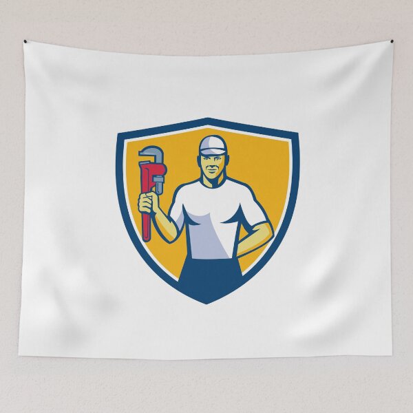 Item preview, Plumber Holding Monkey Wrench Shield Retro designed and sold by patrimonio.