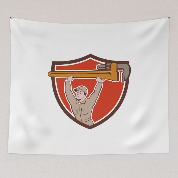 Aperçu de l'œuvre Plumber Lifting Monkey Wrench Crest Cartoon créée et vendue par patrimonio.