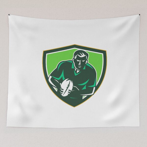 Aperçu de l'œuvre Joueur de rugby en cours d'exécution Passing Ball Crest Retro créée et vendue par patrimonio.