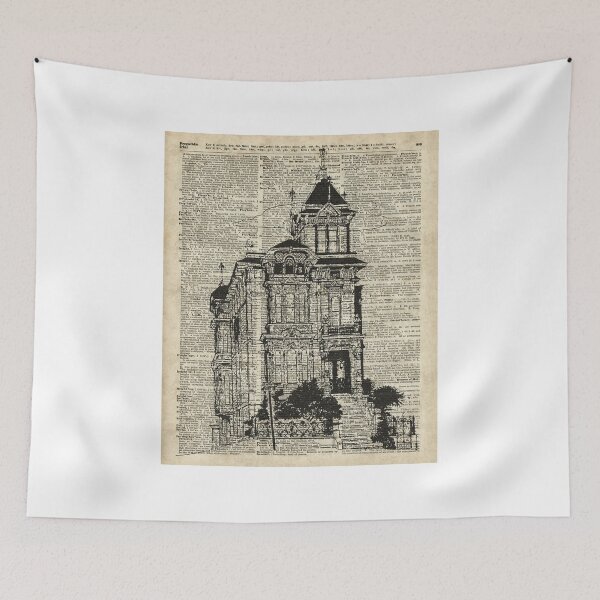 Item preview, Vintage House,Old Villa,Mansion Ink Illustration over Dictionary page designed and sold by DictionaryArt.