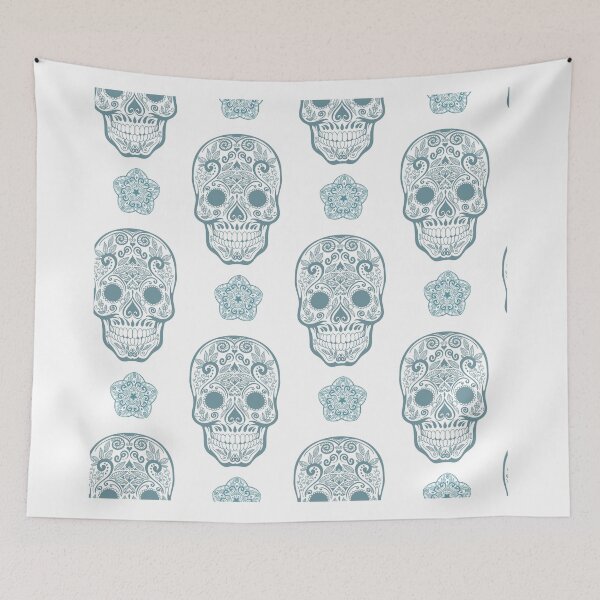 Item preview, Skull day of the dead death muerte mask bone head black white. mystery calavera halloween dia de los muertos ornament. native traditional mexican seamless pattern designed and sold by julkapulka.