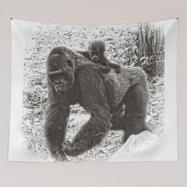 Item preview, Lowland Gorilla Mother with Baby on Back, Black and White designed and sold by PhotosByTrish.