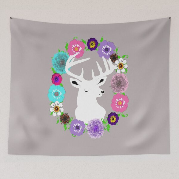 Item preview, Trendy Stags Head In Pretty Floral Wreath designed and sold by Artification.