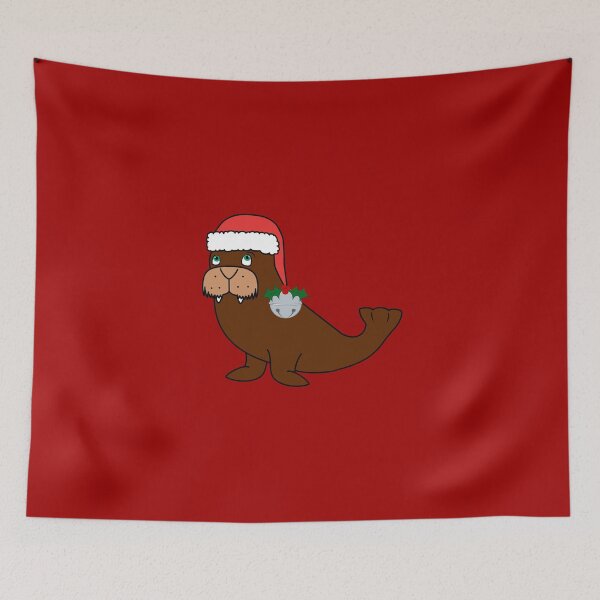 Aperçu de l'œuvre Christmas Walrus with Red Santa Hat, Holly & Silver Jingle Bell créée et vendue par Grifynne.