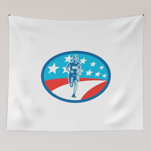 Item preview, Marathon Runner USA Flag Oval Woodcut designed and sold by patrimonio.