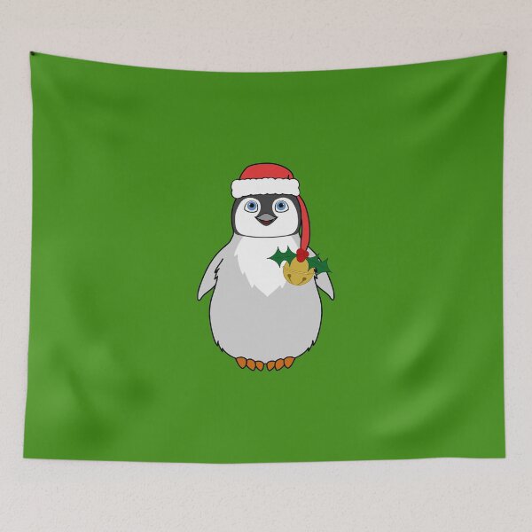 Aperçu de l'œuvre Christmas Penguin with Red Santa Hat, Holly & Gold Jingle Bell créée et vendue par Grifynne.
