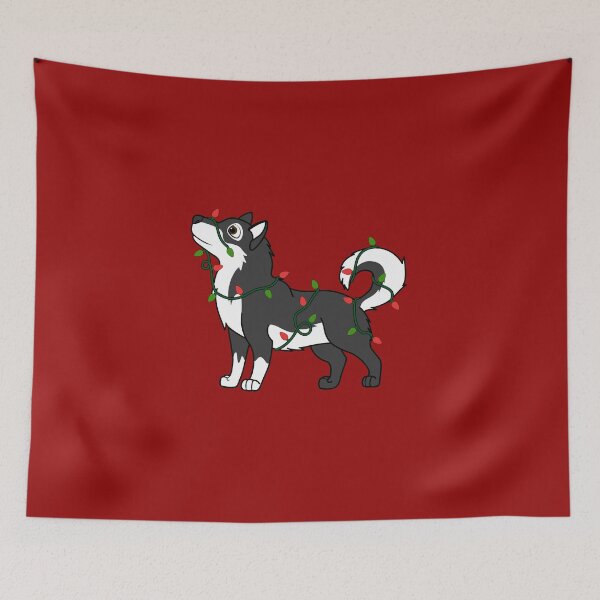 Item preview, Black Alaskan Malamute with Red & Green Christmas Lights designed and sold by Grifynne.