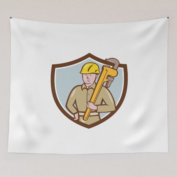 Item preview, Plumber Holding Wrench Crest Cartoon designed and sold by patrimonio.