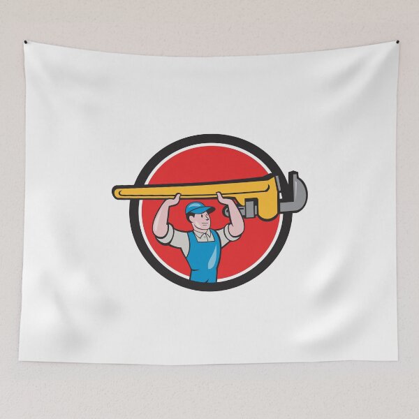 Item preview, Plumber Lifting Monkey Wrench Circle Cartoon designed and sold by patrimonio.