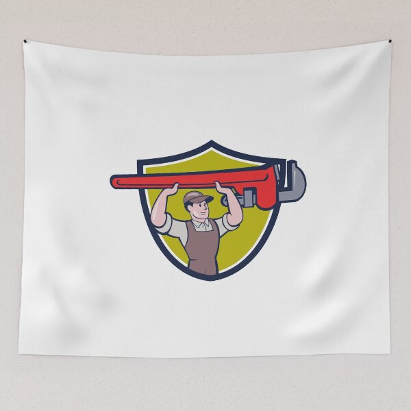 Item preview, Plumber Lifting Monkey Wrench Crest Cartoon designed and sold by patrimonio.