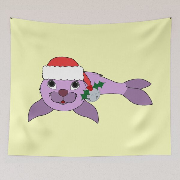 Aperçu de l'œuvre Light Purple Baby Seal with Santa Hat, Holly & Silver Bell créée et vendue par Grifynne.