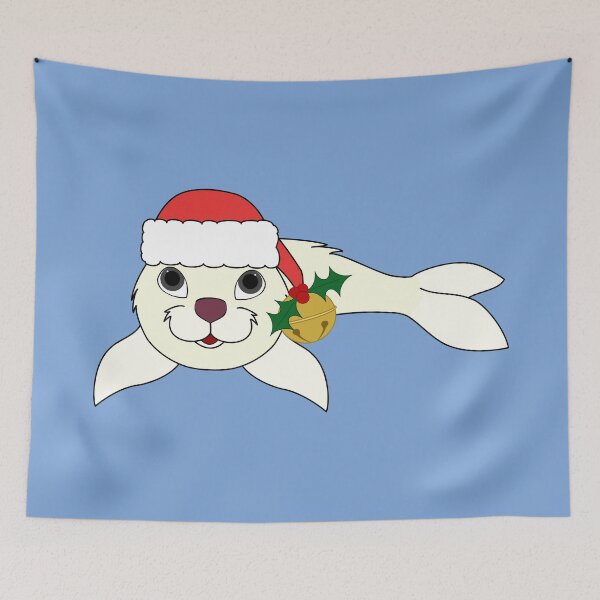 Item preview, White Baby Seal with Santa Hat, Holly & Gold Bell designed and sold by Grifynne.