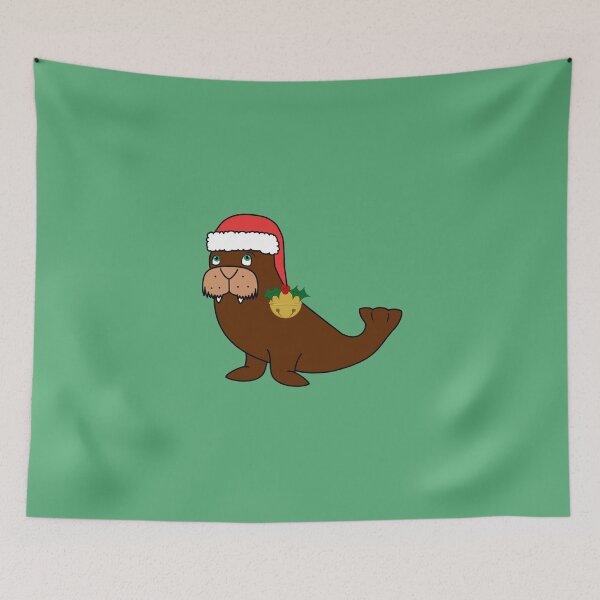 Aperçu de l'œuvre Christmas Walrus with Red Santa Hat, Holly & Gold Jingle Bell créée et vendue par Grifynne.