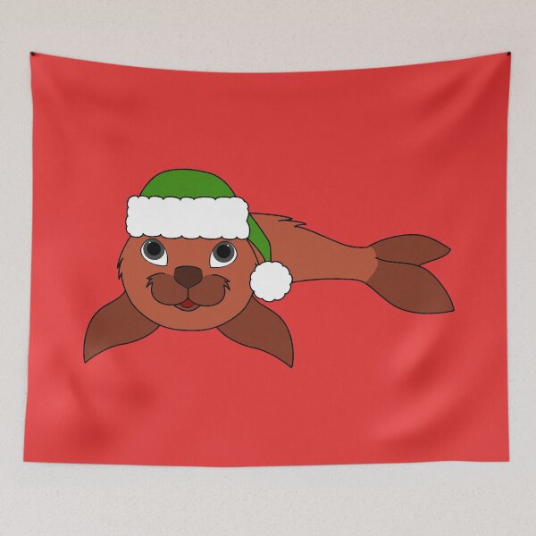 Item preview, Red Baby Seal with Christmas Green Santa Hat designed and sold by Grifynne.